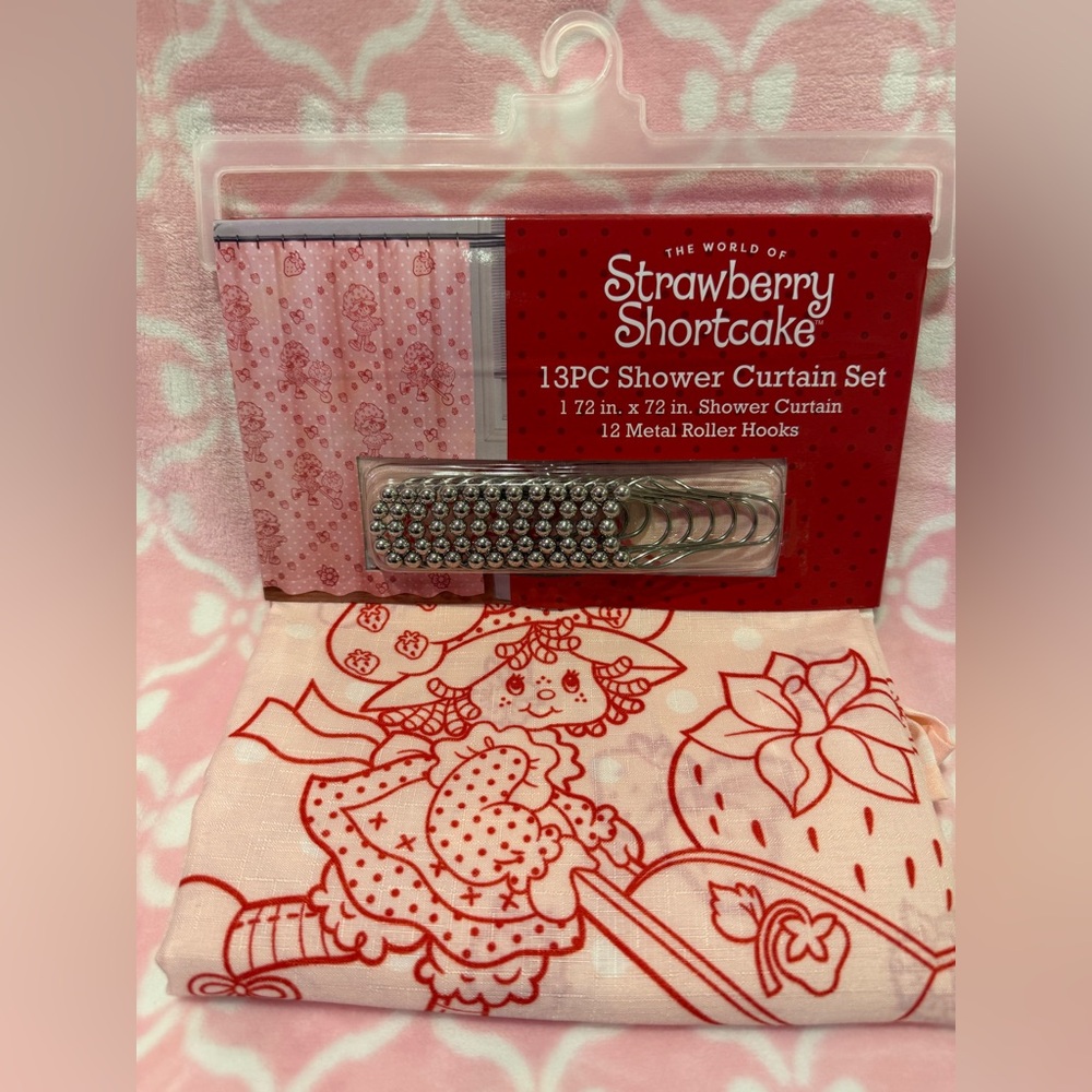Strawberry Shortcake Pink Shower Curtain Set with Metal Roller Hooks